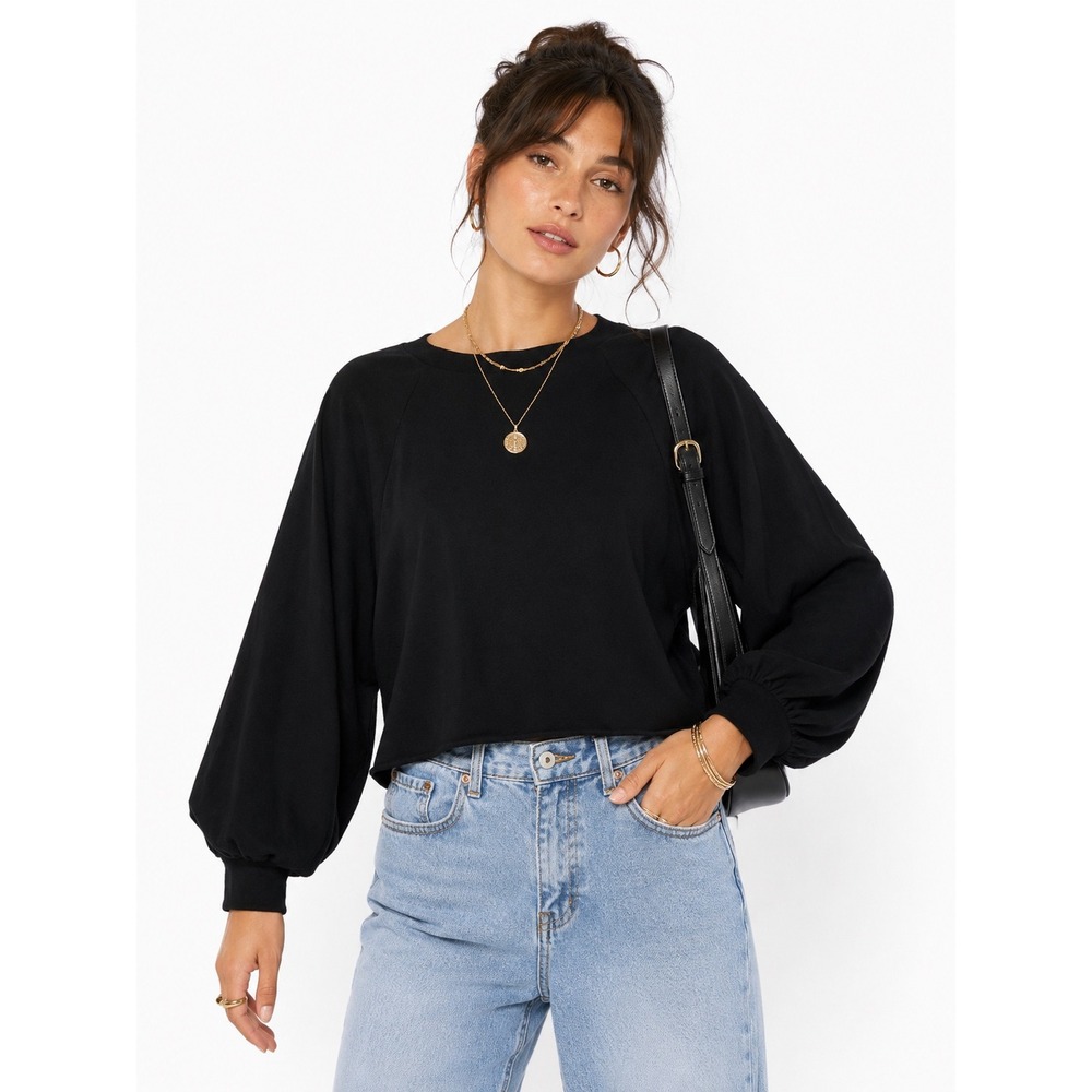Loft Outlet XL Black Puff Sleeve Raglan Crew Neck Top Sweater Minimalist Capsule